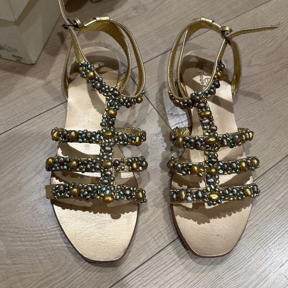 BO'EM Plage Italy Gold Hand Beaded Multi-Colored Faux-Pearl Sandals size‎ 38